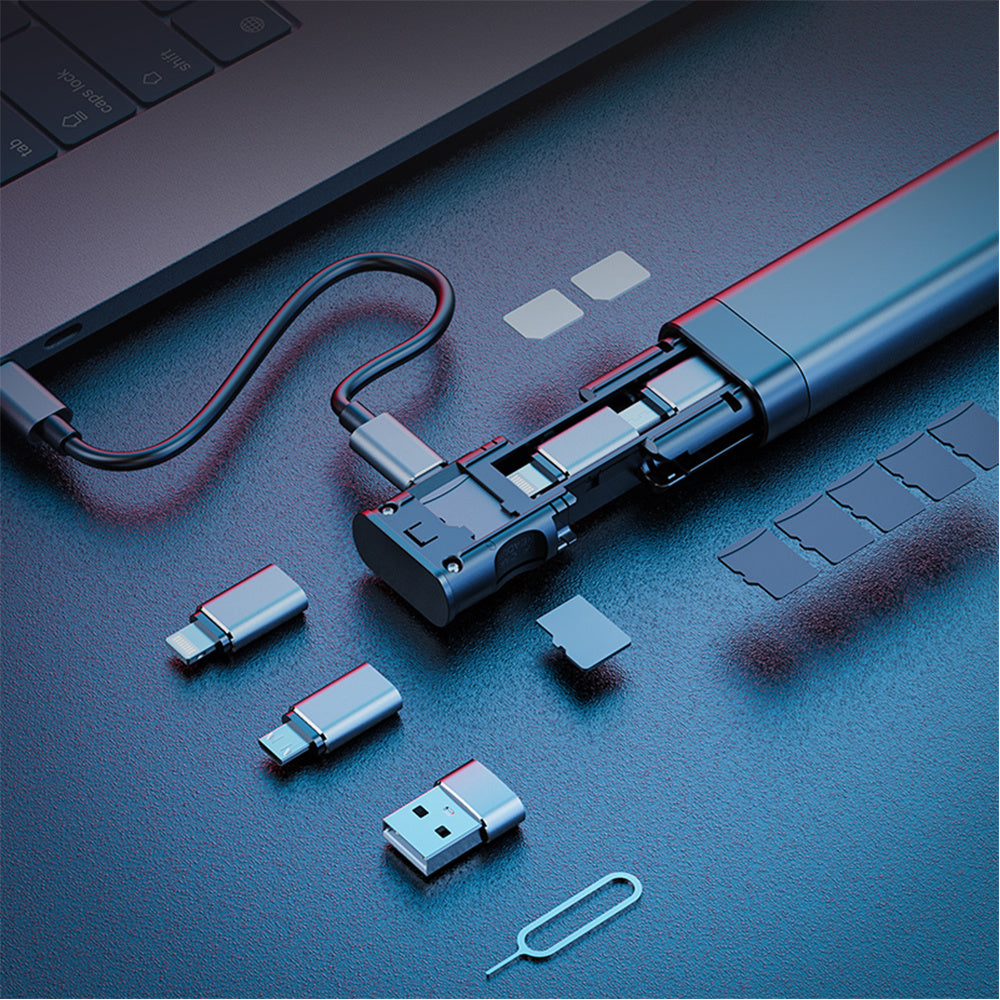 Multifunctional Storage Stick 3-in-1 – Portable Aluminum Alloy Data & SIM Card Organizer | USB Type-C, Micro USB, Lightning | Black & Red