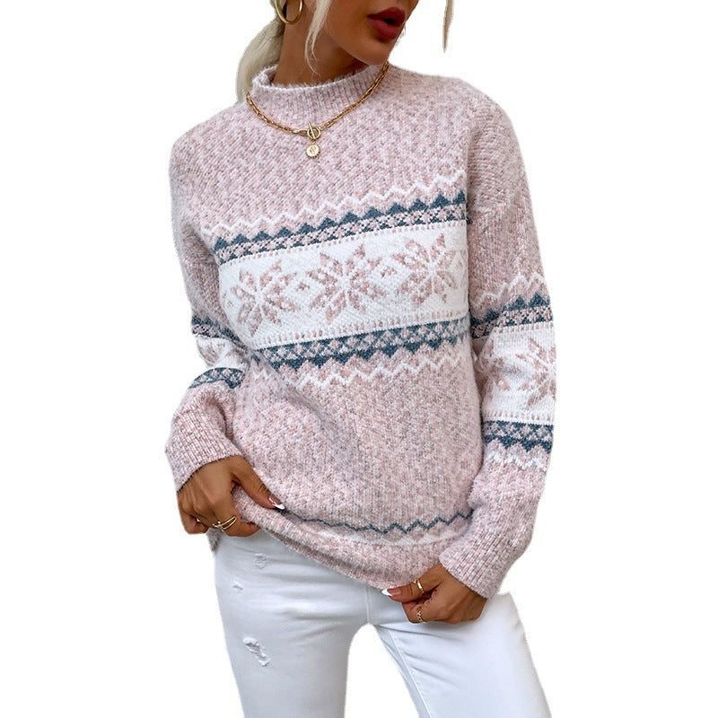 Women's Jacquard Knit Sweater – Half Turtleneck Casual Pullover