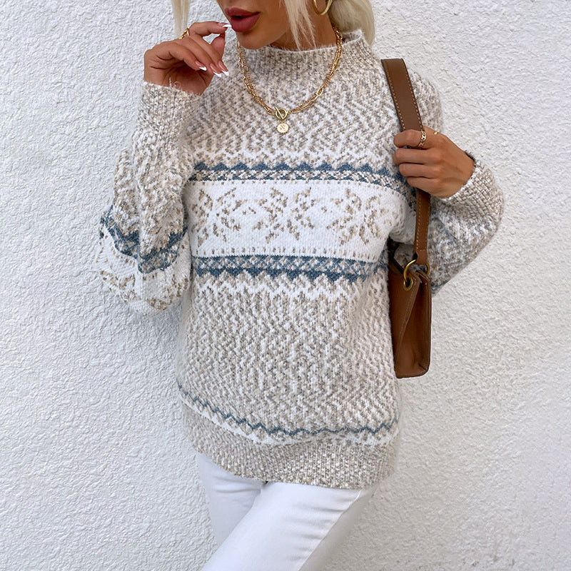Women's Jacquard Knit Sweater – Half Turtleneck Casual Pullover